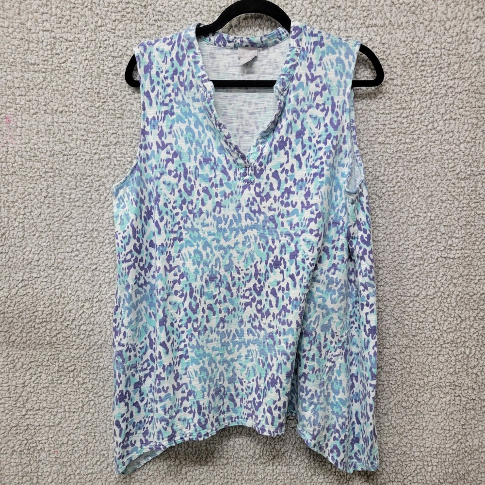 Chicos Women Size 2 Large Blue Teal Abstract Animal Print Sleeveless V-Neck Top